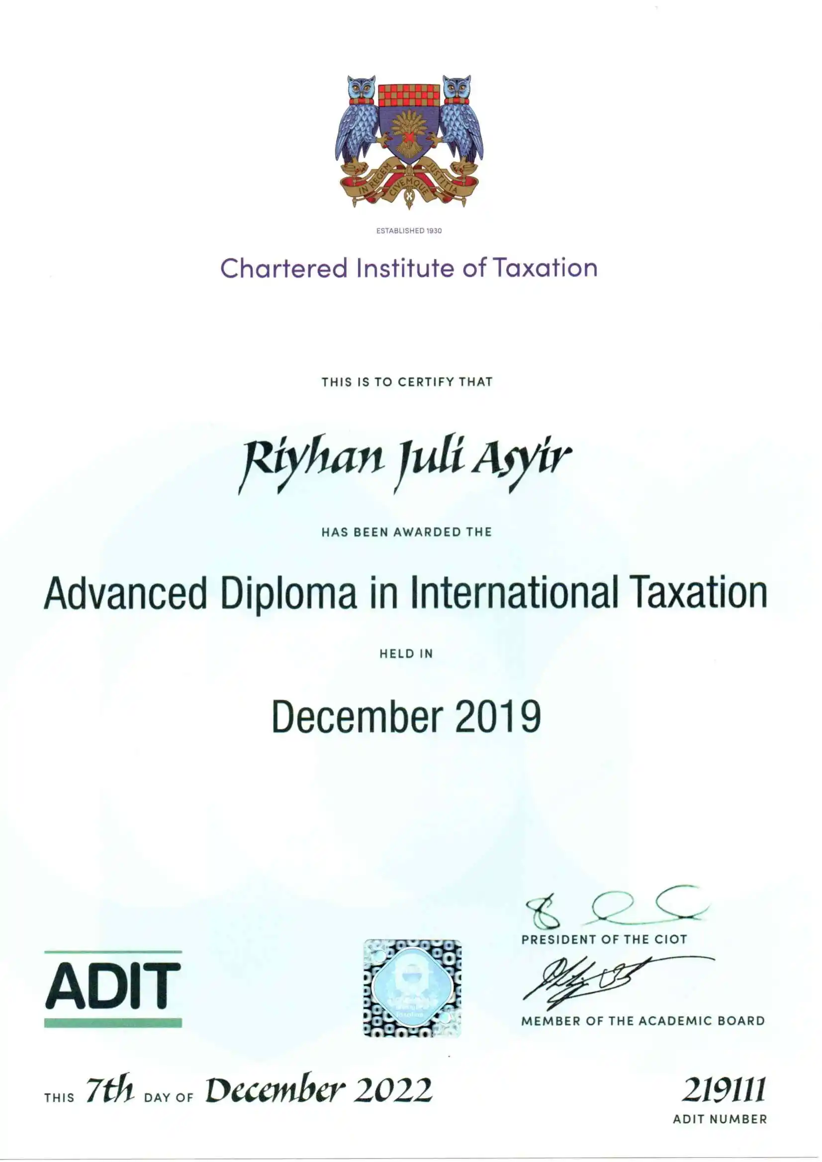 Advanced Diploma in International Taxation (ADIT) Qualification